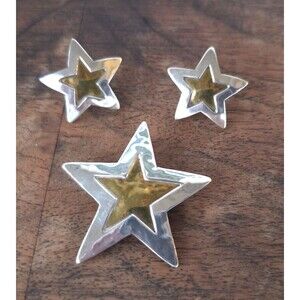 VTG Jeep Collins Sterling Silver & Brass Mixed Metal Star Pendant & Earrings Set